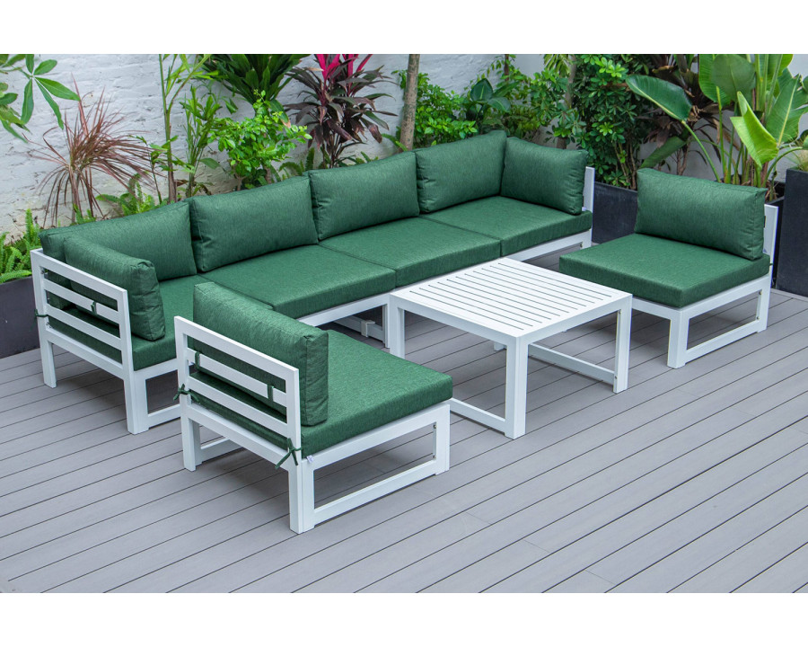 LeisureMod Chelsea 7-Piece Patio Sectional and Coffee Table Set In White Aluminum with Cushions - Green