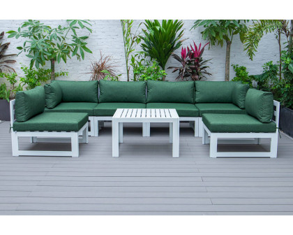 LeisureMod Chelsea 7-Piece Patio Sectional and Coffee Table Set In White Aluminum with Cushions - Green