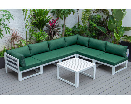 LeisureMod Chelsea 7-Piece Patio Sectional and Coffee Table Set In White Aluminum with Cushions - Green