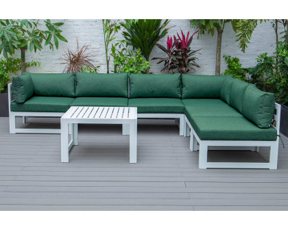 LeisureMod Chelsea 7-Piece Patio Sectional and Coffee Table Set In White Aluminum with Cushions - Green