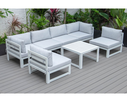 LeisureMod Chelsea 7-Piece Patio Sectional and Coffee Table Set Black Aluminum with Cushions