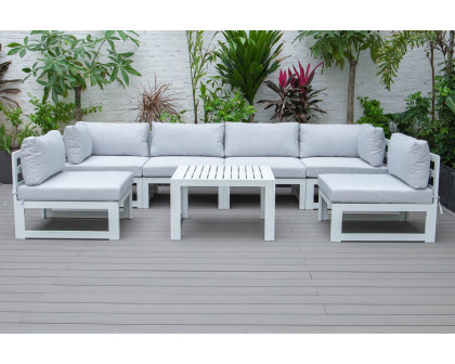 LeisureMod Chelsea 7-Piece Patio Sectional and Coffee Table Set In White Aluminum with Cushions - Light Gray