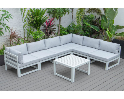 LeisureMod Chelsea 7-Piece Patio Sectional and Coffee Table Set In White Aluminum with Cushions - Light Gray