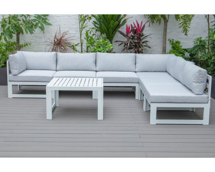 LeisureMod Chelsea 7-Piece Patio Sectional and Coffee Table Set In White Aluminum with Cushions - Light Gray