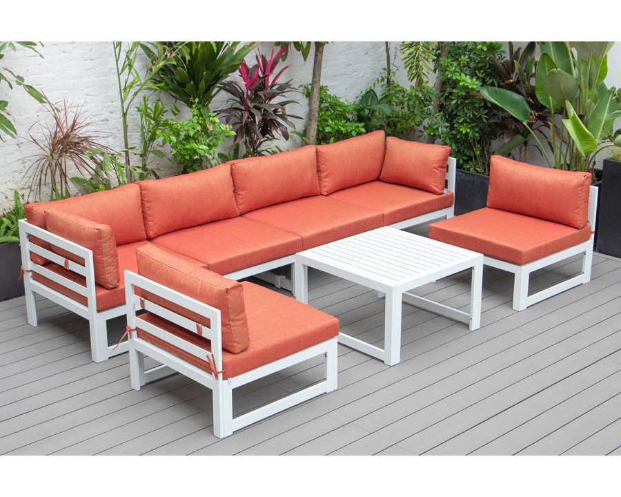 LeisureMod Chelsea 7-Piece Patio Sectional and Coffee Table Set In White Aluminum with Cushions - Orange