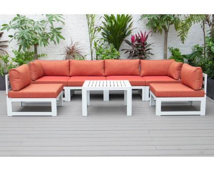 LeisureMod Chelsea 7-Piece Patio Sectional and Coffee Table Set In White Aluminum with Cushions - Orange