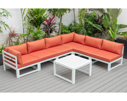 LeisureMod Chelsea 7-Piece Patio Sectional and Coffee Table Set In White Aluminum with Cushions - Orange