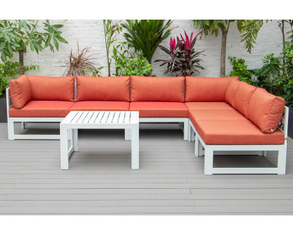 LeisureMod Chelsea 7-Piece Patio Sectional and Coffee Table Set In White Aluminum with Cushions - Orange