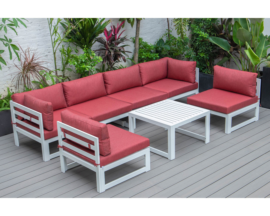 LeisureMod Chelsea 7-Piece Patio Sectional and Coffee Table Set In White Aluminum with Cushions - Red