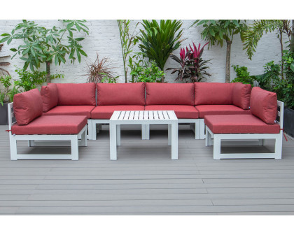 LeisureMod Chelsea 7-Piece Patio Sectional and Coffee Table Set In White Aluminum with Cushions - Red