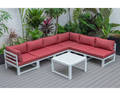 LeisureMod Chelsea 7-Piece Patio Sectional and Coffee Table Set In White Aluminum with Cushions - Red