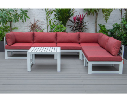 LeisureMod Chelsea 7-Piece Patio Sectional and Coffee Table Set In White Aluminum with Cushions - Red