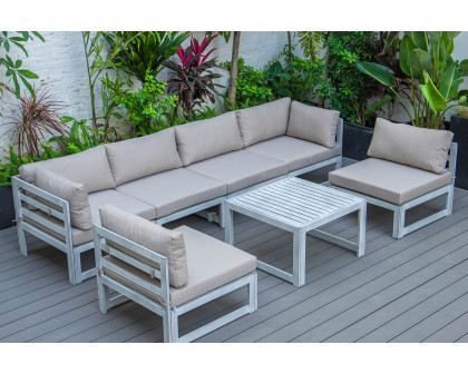 LeisureMod Chelsea 7-Piece Patio Sectional and Coffee Table Set Black Aluminum with Cushions