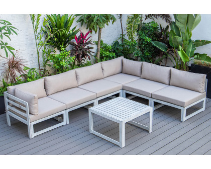 LeisureMod Chelsea 7-Piece Patio Sectional and Coffee Table Set In Weathered Gray Aluminum with Cushions - Beige