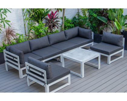 LeisureMod Chelsea 7-Piece Patio Sectional and Coffee Table Set Black Aluminum with Cushions