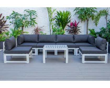 LeisureMod Chelsea 7-Piece Patio Sectional and Coffee Table Set In Weathered Gray Aluminum with Cushions - Black