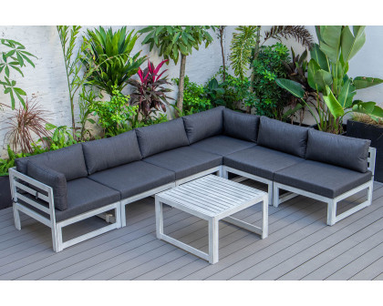 LeisureMod Chelsea 7-Piece Patio Sectional and Coffee Table Set In Weathered Gray Aluminum with Cushions - Black