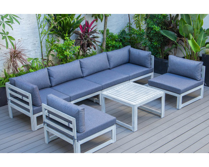 LeisureMod Chelsea 7-Piece Patio Sectional and Coffee Table Set Black Aluminum with Cushions