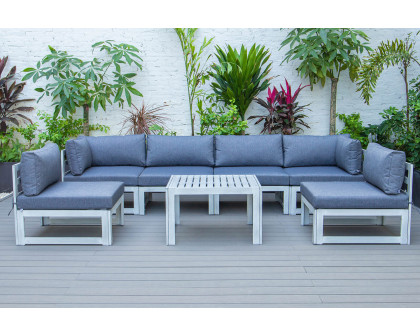 LeisureMod Chelsea 7-Piece Patio Sectional and Coffee Table Set In Weathered Gray Aluminum with Cushions - Blue