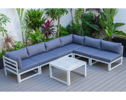 LeisureMod Chelsea 7-Piece Patio Sectional and Coffee Table Set In Weathered Gray Aluminum with Cushions - Blue