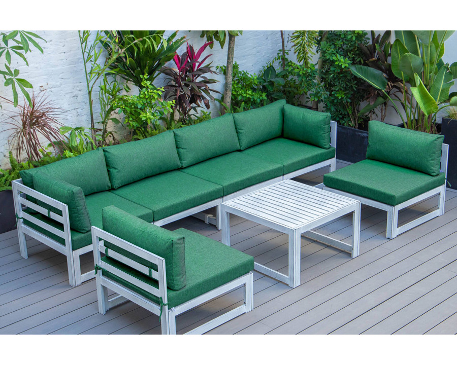 LeisureMod Chelsea 7-Piece Patio Sectional and Coffee Table Set In Weathered Gray Aluminum with Cushions - Green