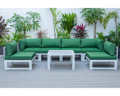 LeisureMod Chelsea 7-Piece Patio Sectional and Coffee Table Set In Weathered Gray Aluminum with Cushions - Green