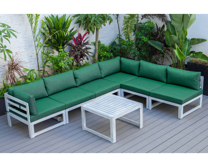 LeisureMod Chelsea 7-Piece Patio Sectional and Coffee Table Set In Weathered Gray Aluminum with Cushions - Green