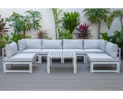 LeisureMod Chelsea 7-Piece Patio Sectional and Coffee Table Set In Weathered Gray Aluminum with Cushions - Light Gray