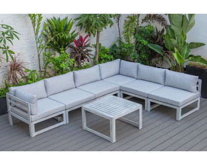 LeisureMod Chelsea 7-Piece Patio Sectional and Coffee Table Set In Weathered Gray Aluminum with Cushions - Light Gray