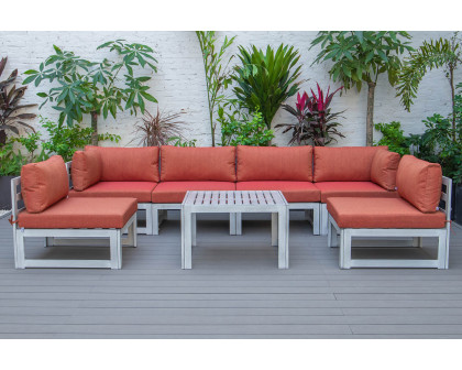 LeisureMod Chelsea 7-Piece Patio Sectional and Coffee Table Set In Weathered Gray Aluminum with Cushions - Orange