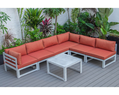 LeisureMod Chelsea 7-Piece Patio Sectional and Coffee Table Set In Weathered Gray Aluminum with Cushions - Orange