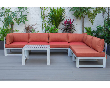 LeisureMod Chelsea 7-Piece Patio Sectional and Coffee Table Set In Weathered Gray Aluminum with Cushions - Orange