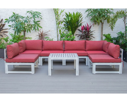 LeisureMod Chelsea 7-Piece Patio Sectional and Coffee Table Set In Weathered Gray Aluminum with Cushions - Red