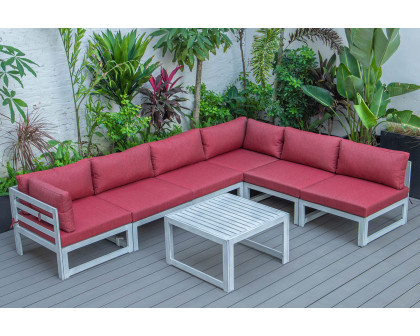 LeisureMod Chelsea 7-Piece Patio Sectional and Coffee Table Set In Weathered Gray Aluminum with Cushions - Red