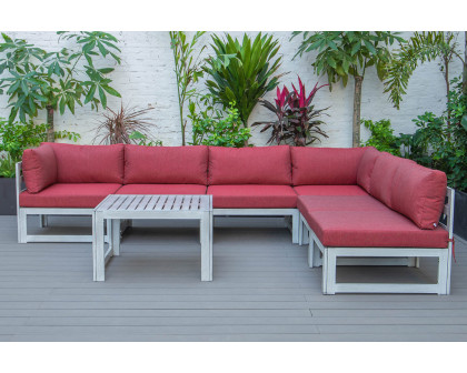 LeisureMod Chelsea 7-Piece Patio Sectional and Coffee Table Set In Weathered Gray Aluminum with Cushions - Red