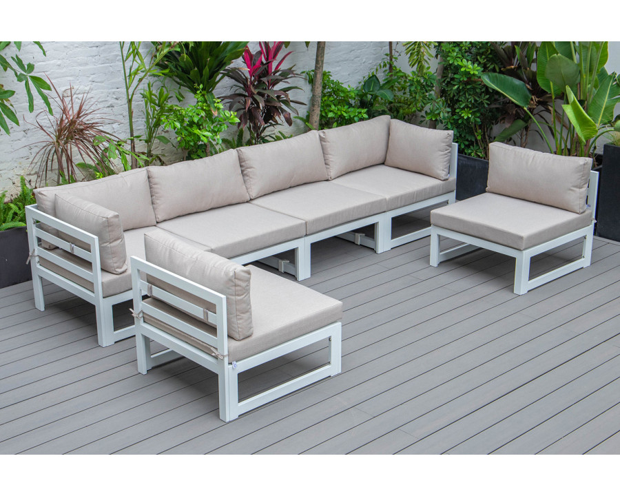 LeisureMod Chelsea 6-Piece Patio Sectional In White Aluminum with Cushions - Beige