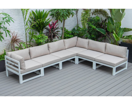 LeisureMod Chelsea 6-Piece Patio Sectional In White Aluminum with Cushions - Beige