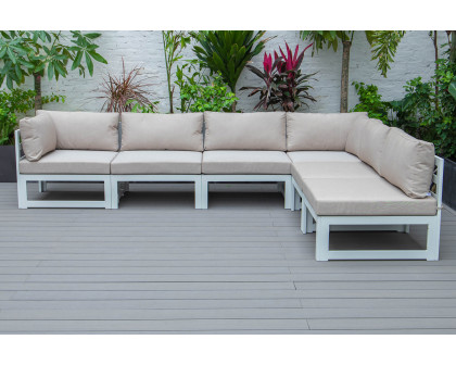 LeisureMod Chelsea 6-Piece Patio Sectional In White Aluminum with Cushions - Beige