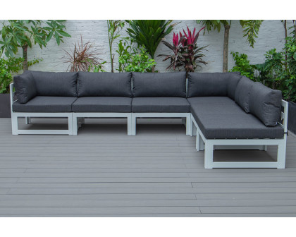 LeisureMod Chelsea 6-Piece Patio Sectional In White Aluminum with Cushions - Black