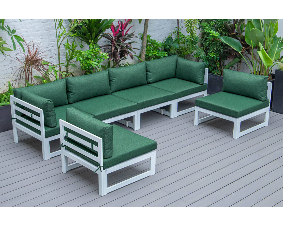 LeisureMod Chelsea 6-Piece Patio Sectional In White Aluminum with Cushions - Green