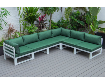 LeisureMod Chelsea 6-Piece Patio Sectional In White Aluminum with Cushions - Green