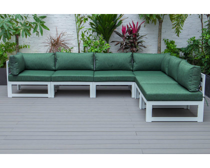 LeisureMod Chelsea 6-Piece Patio Sectional In White Aluminum with Cushions - Green