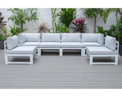 LeisureMod Chelsea 6-Piece Patio Sectional In White Aluminum with Cushions - Light Gray