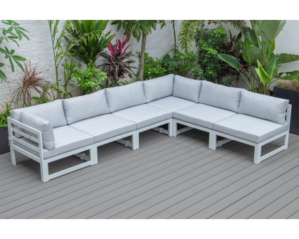 LeisureMod Chelsea 6-Piece Patio Sectional In White Aluminum with Cushions - Light Gray