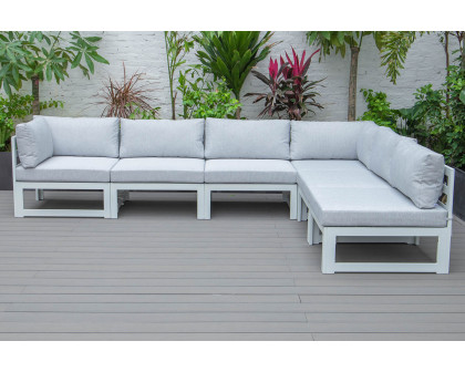 LeisureMod Chelsea 6-Piece Patio Sectional In White Aluminum with Cushions - Light Gray