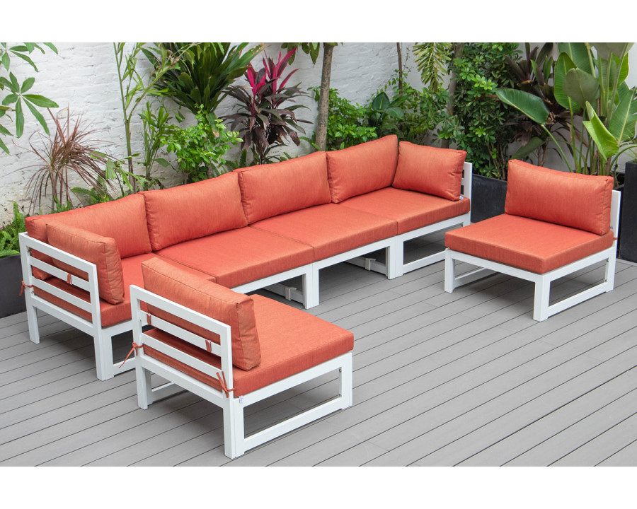 LeisureMod Chelsea 6-Piece Patio Sectional In White Aluminum with Cushions - Orange