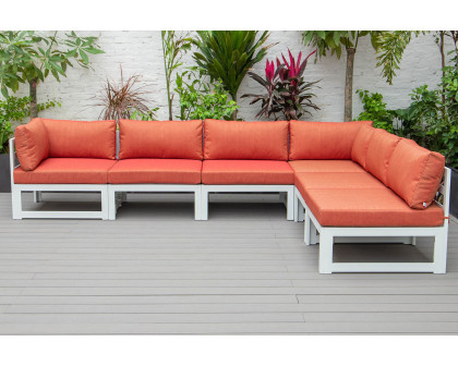 LeisureMod Chelsea 6-Piece Patio Sectional In White Aluminum with Cushions - Orange