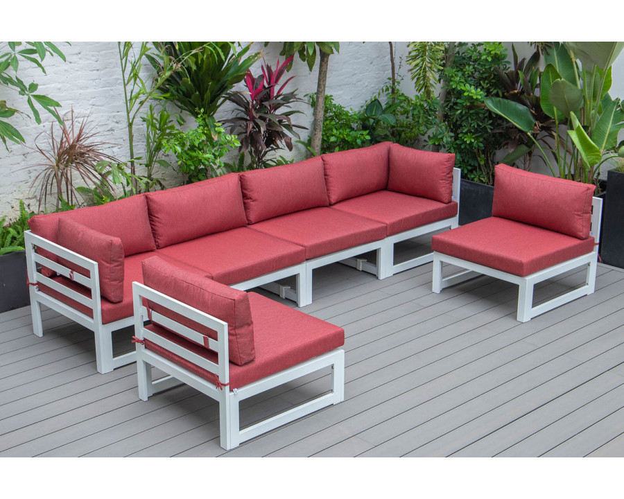 LeisureMod Chelsea 6-Piece Patio Sectional In White Aluminum with Cushions - Red