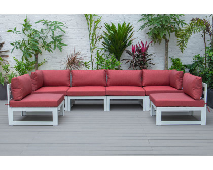 LeisureMod Chelsea 6-Piece Patio Sectional In White Aluminum with Cushions - Red