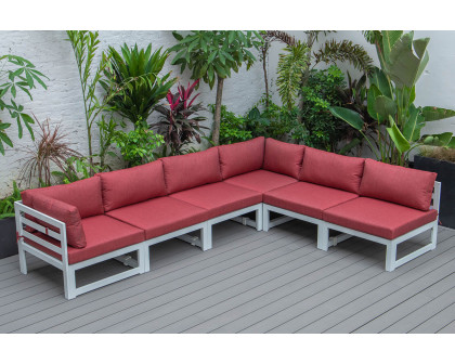 LeisureMod Chelsea 6-Piece Patio Sectional In White Aluminum with Cushions - Red